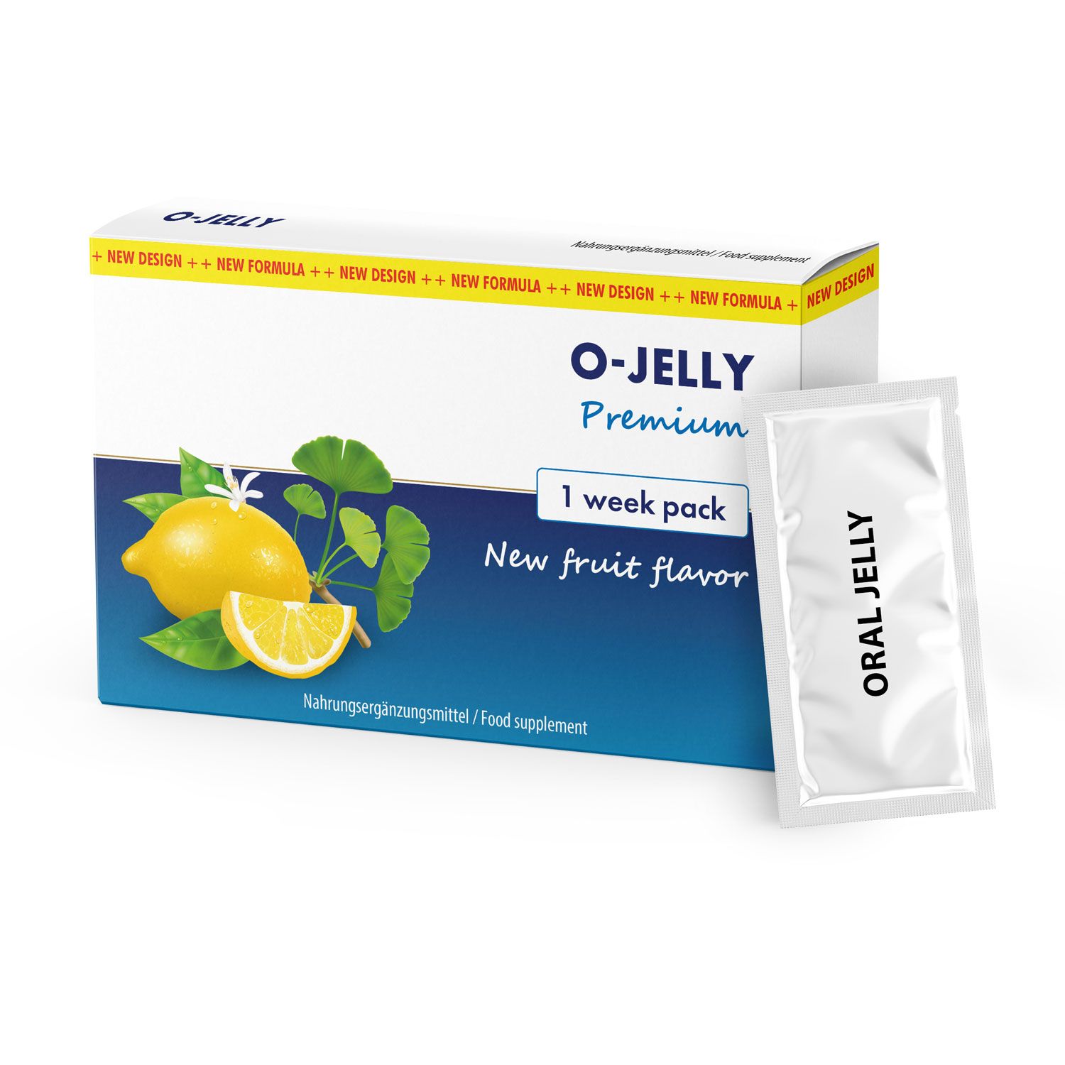Schachtel mit O-JELLY Premium, 1-Wochen-Packung, neue Geschmacksrichtung. Einzelpackung mit ORAL JELLY.