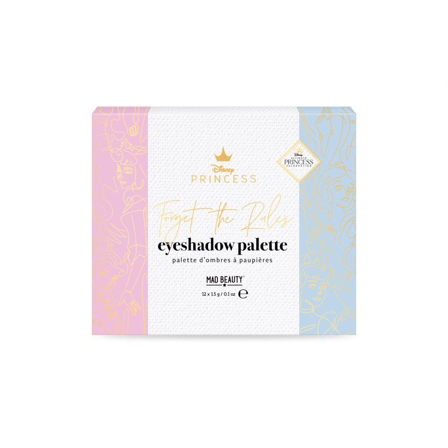 Kosmetik-Palette mit Aufschrift "Eyeshadow Palette". Verpackung mit rosa, weiß und hellblau. Logo "Princess" und "MAD BEAUTY".