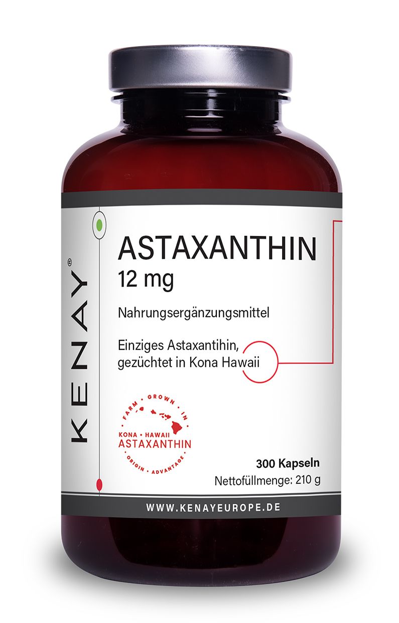 Astaxanthin 12 mg Nahrungsergänzungsmittel. Braune Flasche mit weißen Kapseln. Text: KENAY, 300 Kapseln.