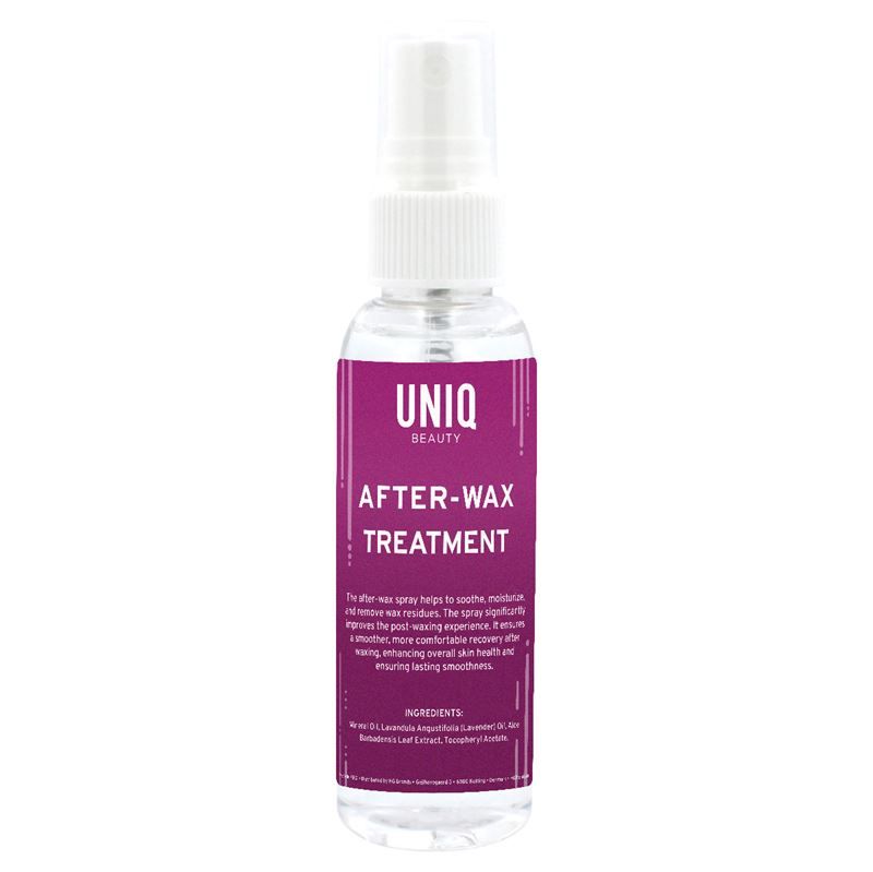 Transparente Sprühflasche mit UNIQ BEAUTY-Logo. Text: AFTER-WAX TREATMENT. Inhaltsstoffe.
