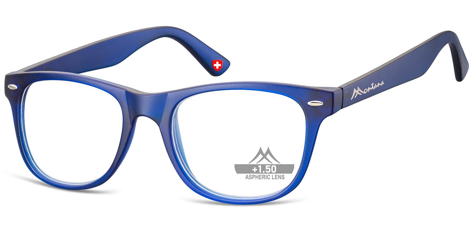 Blaue Brille mit +1.50 Aspheric Lens. Montana Eyewear Logo auf dem Bügel. Schweizer Kreuz.