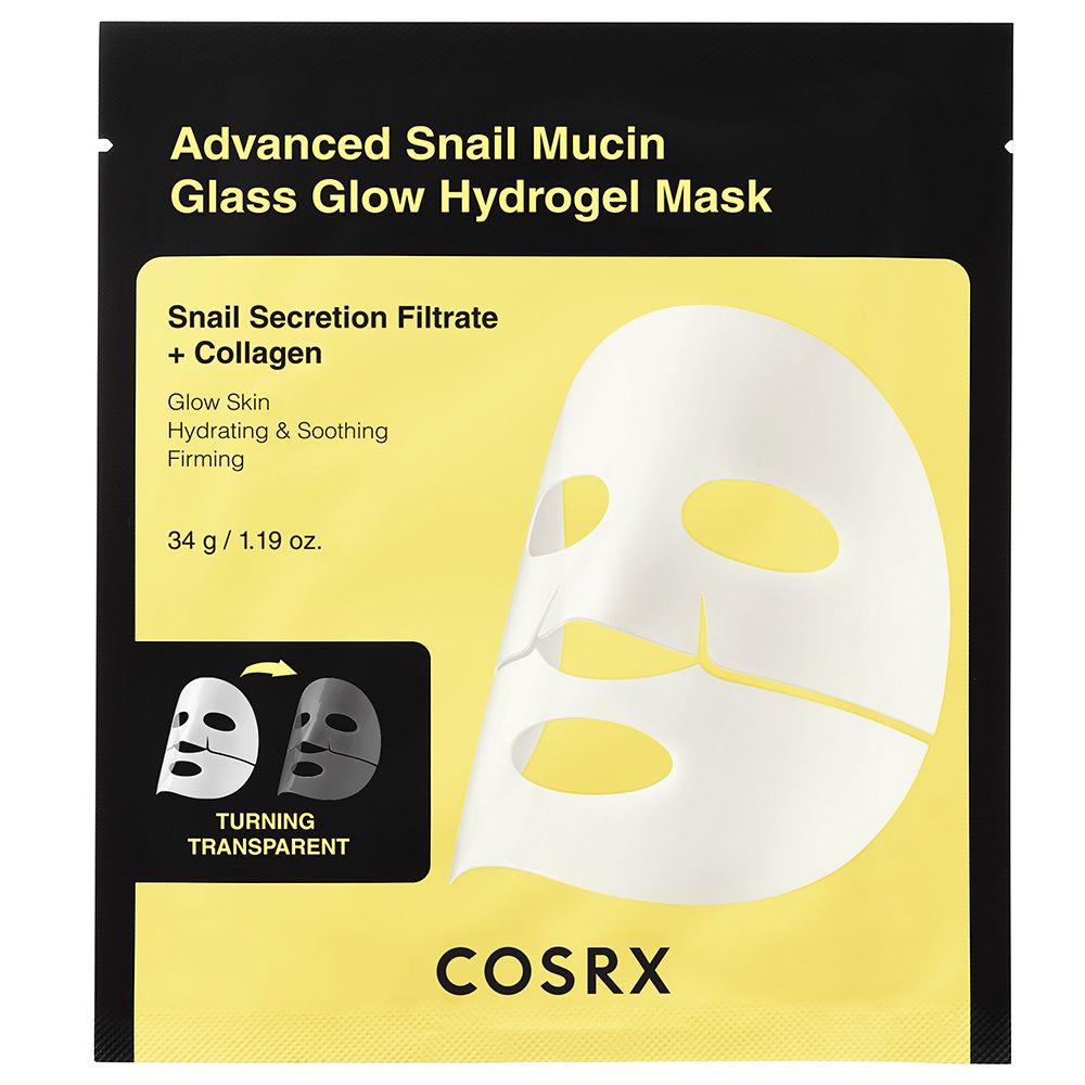 Verpackung der Advanced Snail Mucin Glass Glow Hydrogel Mask mit COSRX Logo.