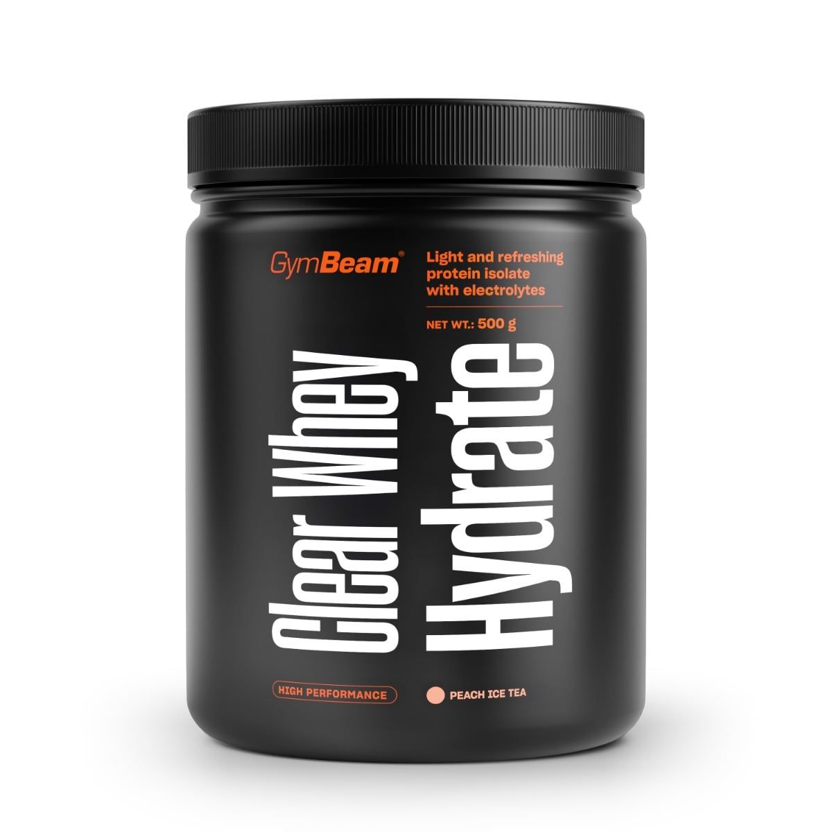 Schwarzer Behälter mit GymBeam Clear Whey Hydrate Molkenisolat Pulver, 500g.