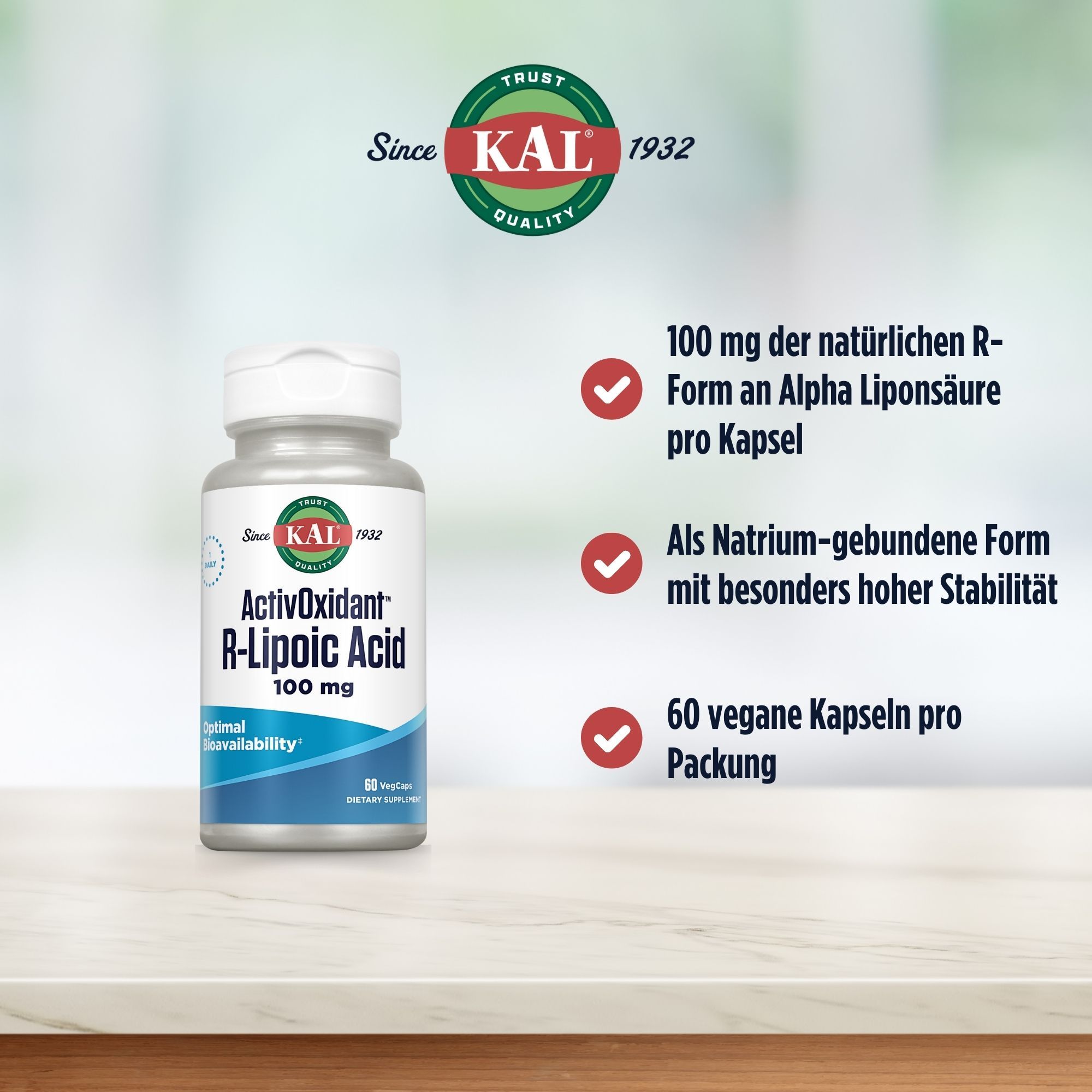 Weißes Fläschchen mit Kapseln. Aufschrift: ActivOxidant R-Lipoic Acid 100 mg. 60 vegane Kapseln. Rote Kreise mit Text.
