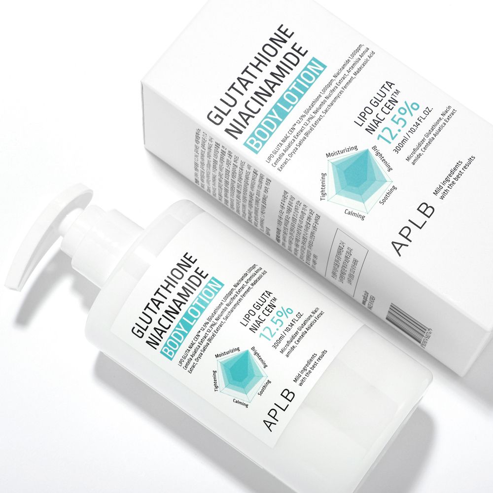 Glutathion Niacinamid Körperlotion Pumpspender neben seiner Verpackungsbox.