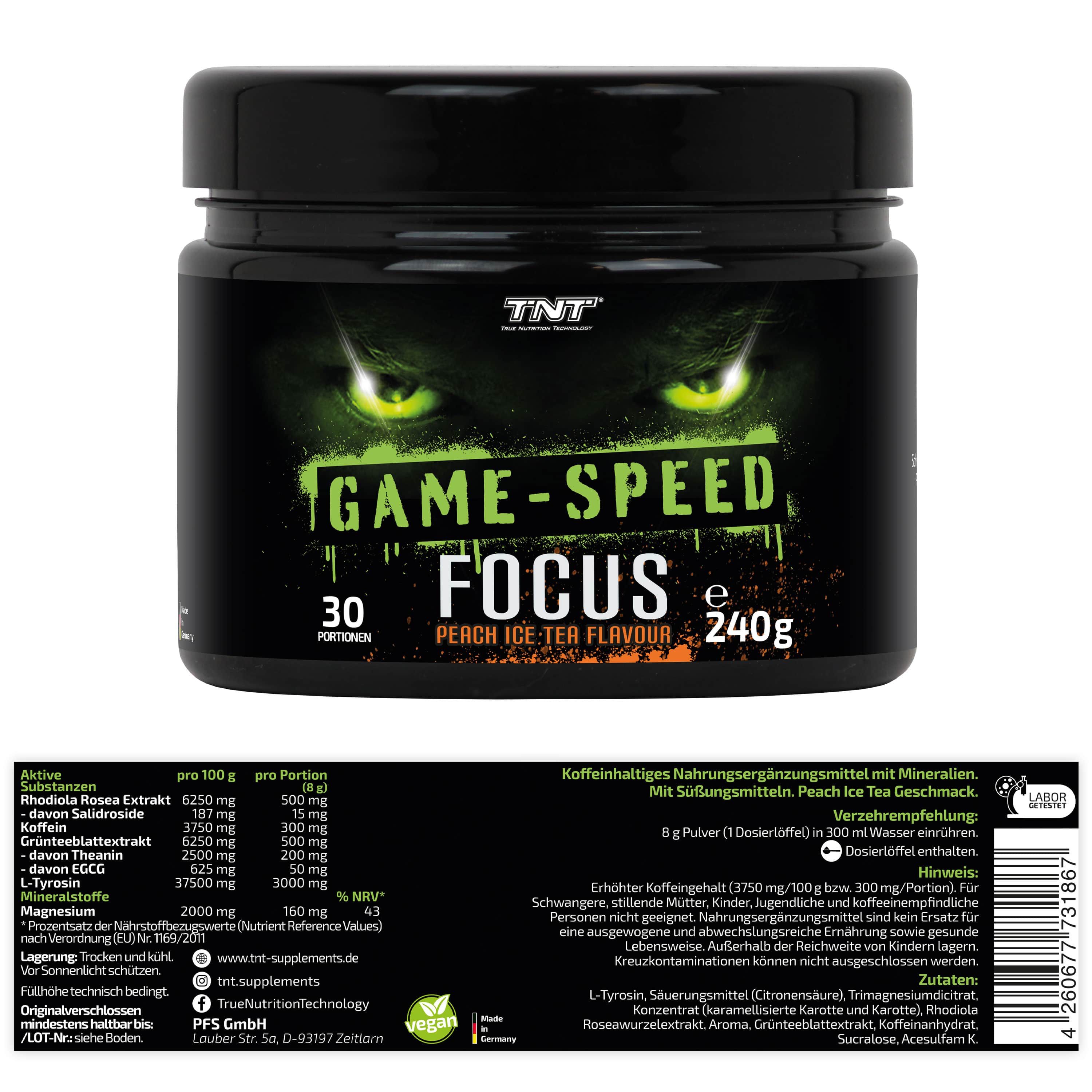 Schwarze Dose mit grünem Aufdruck. GAME-SPEED FOCUS, 30 Portionen, 240g, Peach Ice Tea Flavour. Zutatenliste und Nährwertangaben auf der Rückseite.