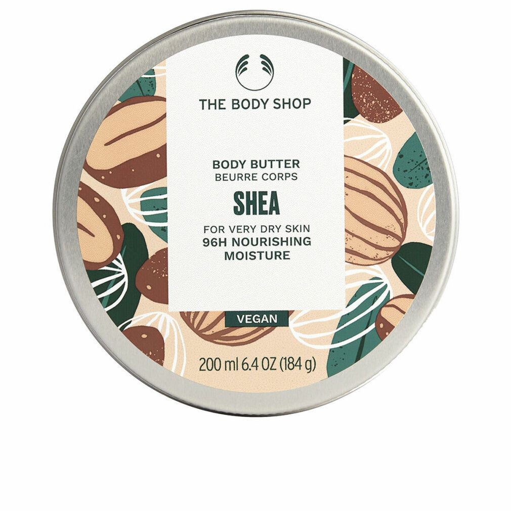 Runde Dose mit Deckel. Aufschrift: The Body Shop, Body Butter Shea, für sehr trockene Haut. Vegan. 200 ml.