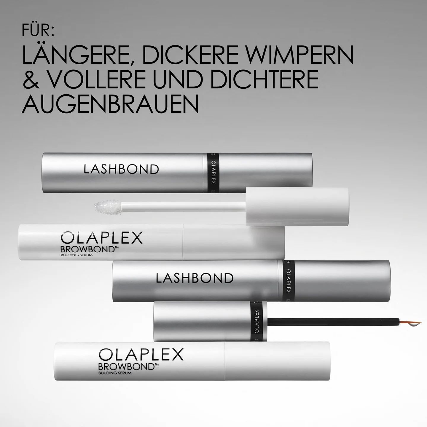 Mehrere Seren mit Applikatoren. OLAPLEX Browbond und Lashbond Produkte.