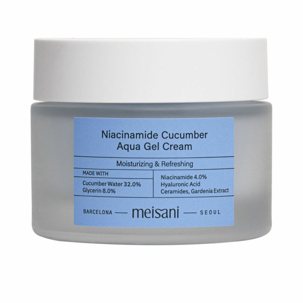 Creme-Glas mit blauem Etikett. Text: Niacinamide Cucumber Aqua Gel Cream, Meisani. Deckel weiß.
