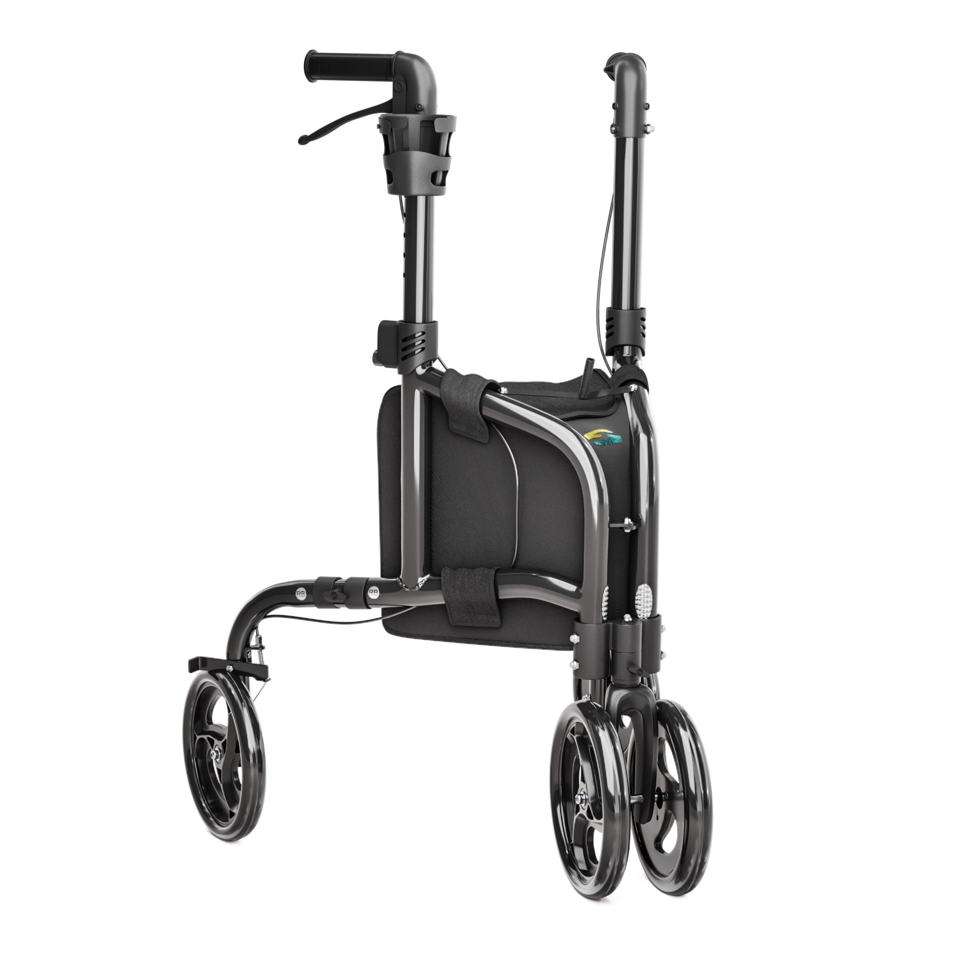 Schmaler Dreirad-Rollator aus Aluminium mit drei Rädern und einer Tasche.