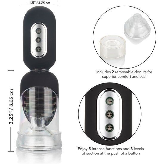 Vakuumpumpe mit schwarzem Griff, transparentem Zylinder und zwei abnehmbaren Ringen. Abmessungen: 3,25" x 1,5".