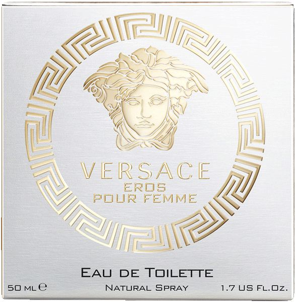 Versace Eros pour Femme Eau de Toilette. Karton mit Logo und Schriftzug. Goldfarbene Details.