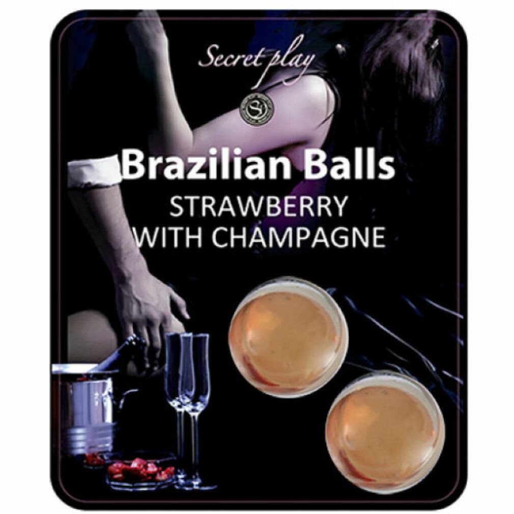 Secret Play Brazilian Balls Erdbeere mit Champagner, zwei Kugeln in Nahaufnahme auf schwarzem Hintergrund.