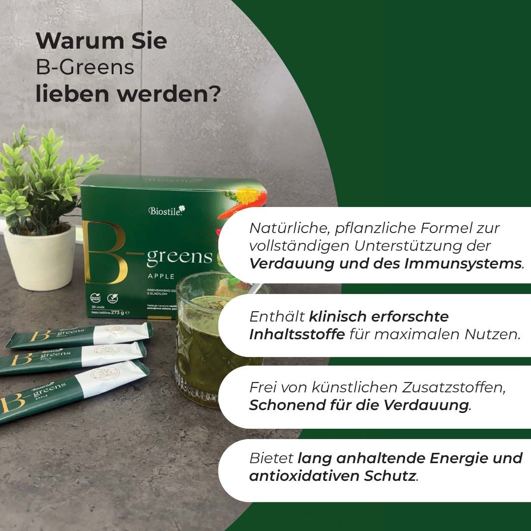 B-Greens Apfelpulver-Verpackung mit drei Einzelportionen und einem Glas zubereitetem Getränk.