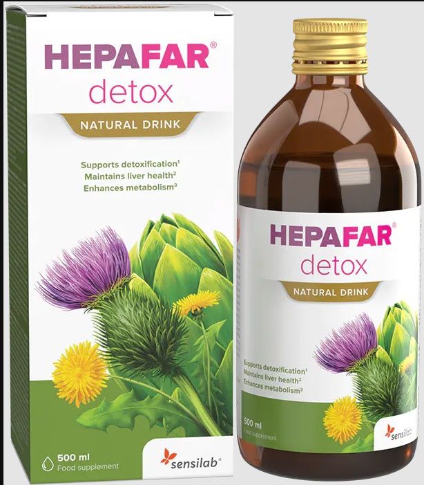 Produktflasche und Verpackung mit "HEPAFAR detox NATURAL DRINK". Abbildung von Distel, Artischocke und gelben Blüten. "sensilab" Logo.