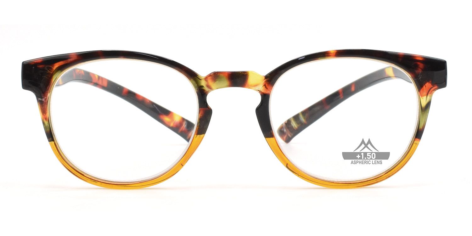 Runde Lesebrille mit braun-gelbem Rahmen. Auf dem rechten Glas steht "+1.50".