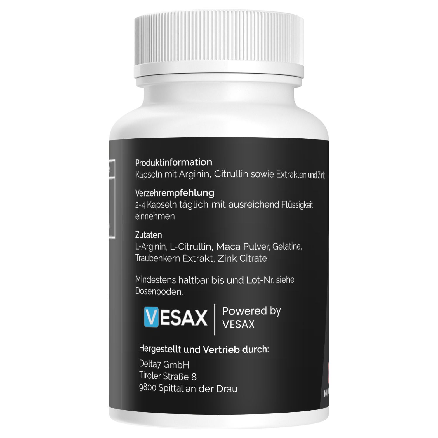 Rückseite der Viaxa 750 Testo Booster Flasche mit Produktinformationen und Verzehrempfehlung.