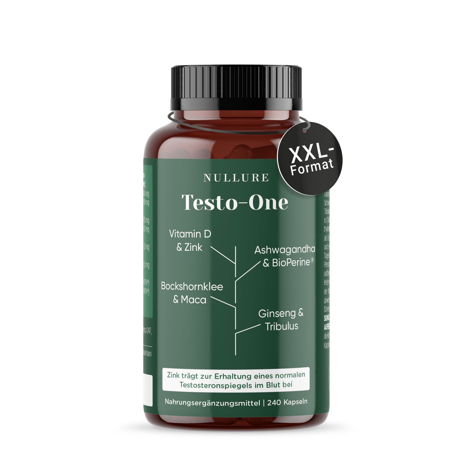 Flasche mit Kapseln, XXL-Format, mit Vitamin D, Zink, Ashwagandha, BioPerine, Ginseng, Tribulus.