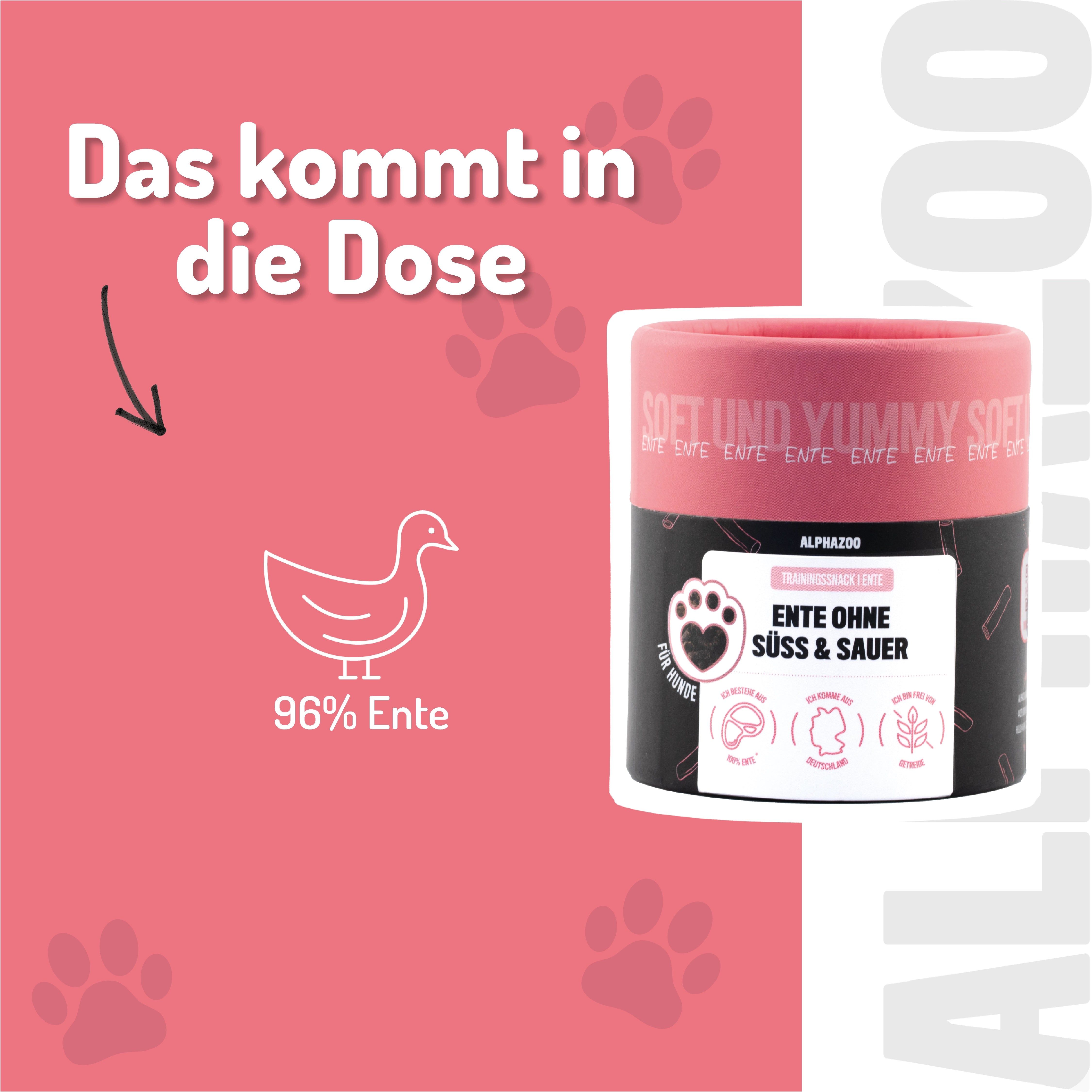 Produkt alphazoo Ente Ohne Süß & Sauer. Dose mit Text und Icons. 96% Ente. Pfeil zeigt auf Dose. Pfoten-Icons.