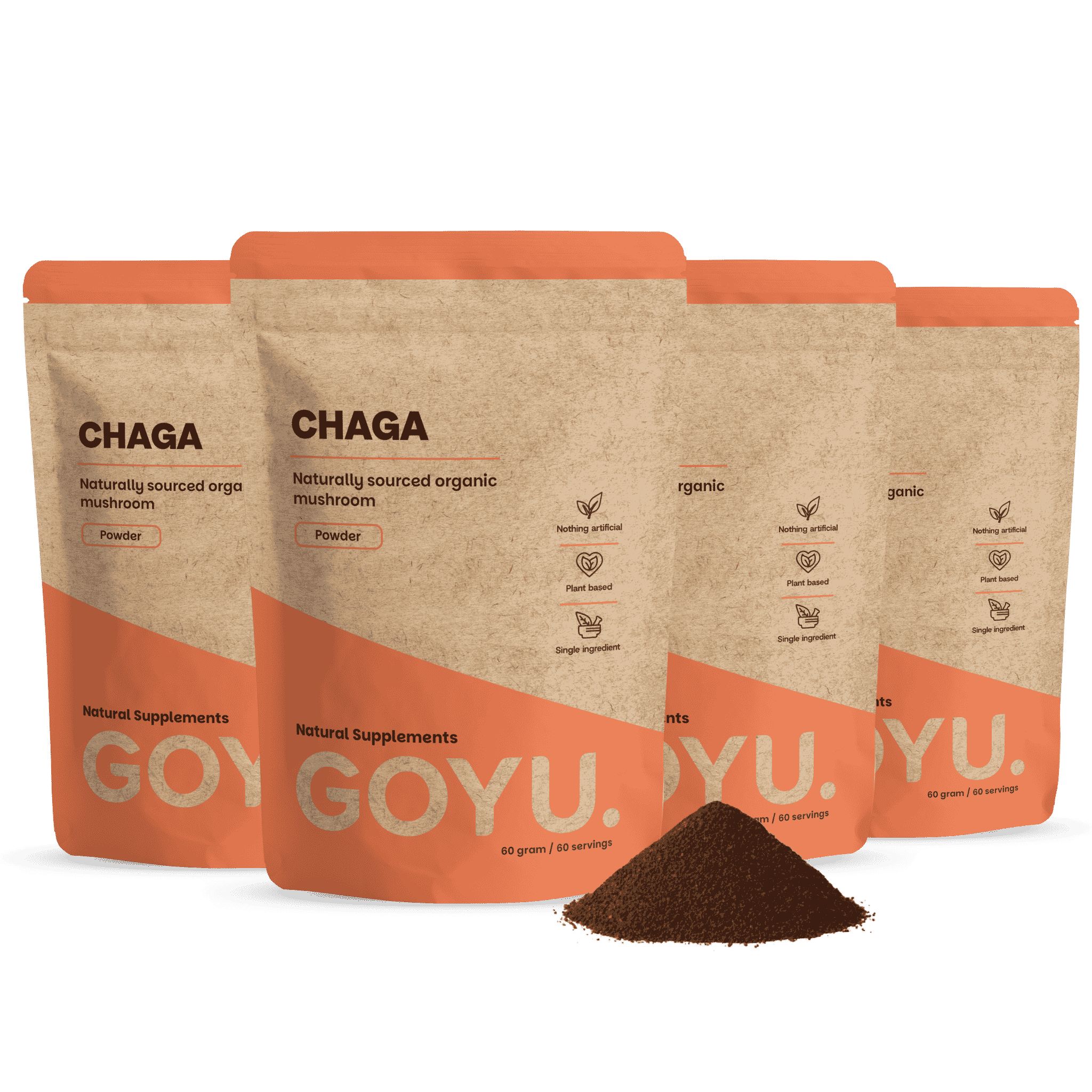 Vier Packungen GOYU Chaga Pulver, natürlich bezogen, Bio-Pilz.