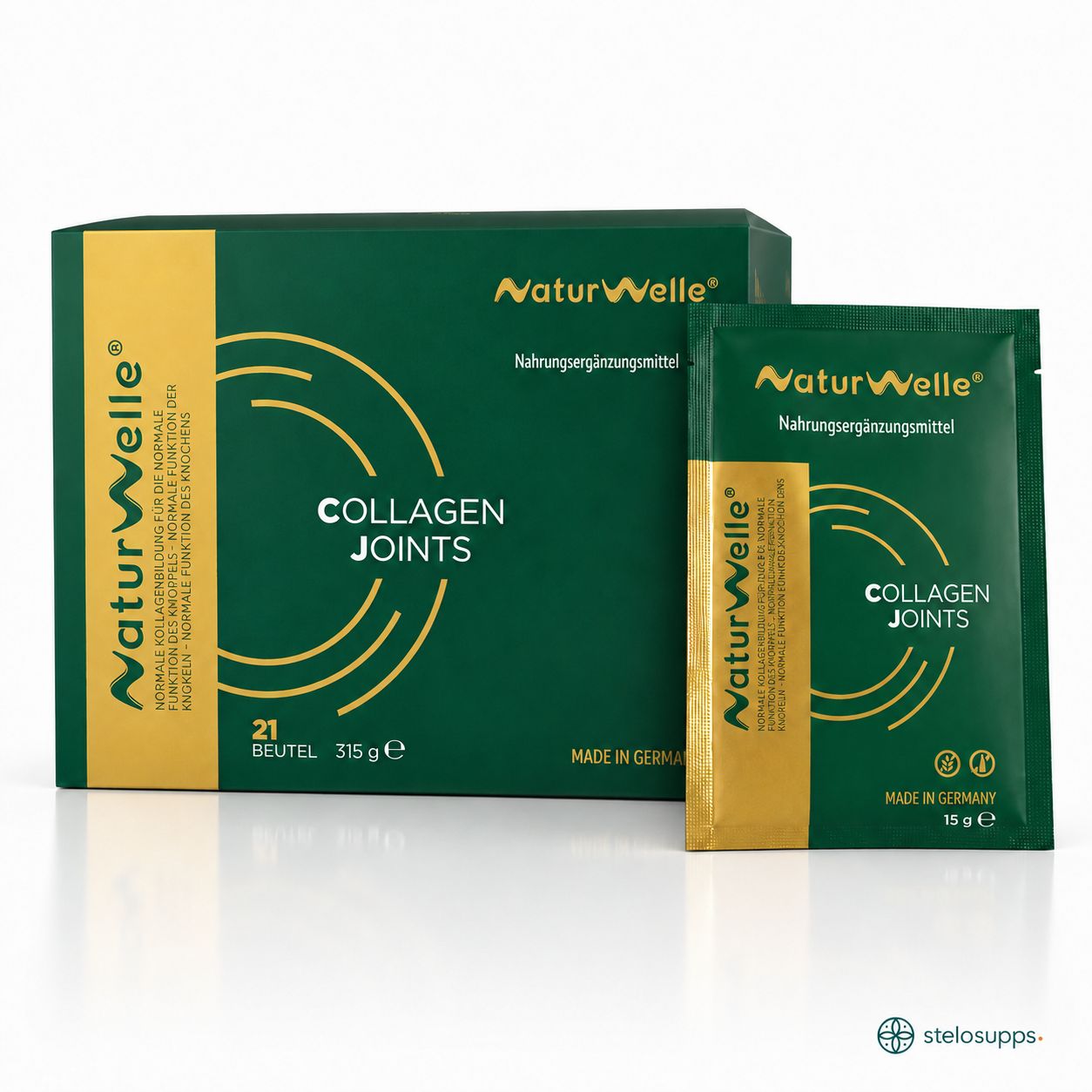 NaturWelle Collagen Joints: Karton und Einzelbeutel mit Pulver.