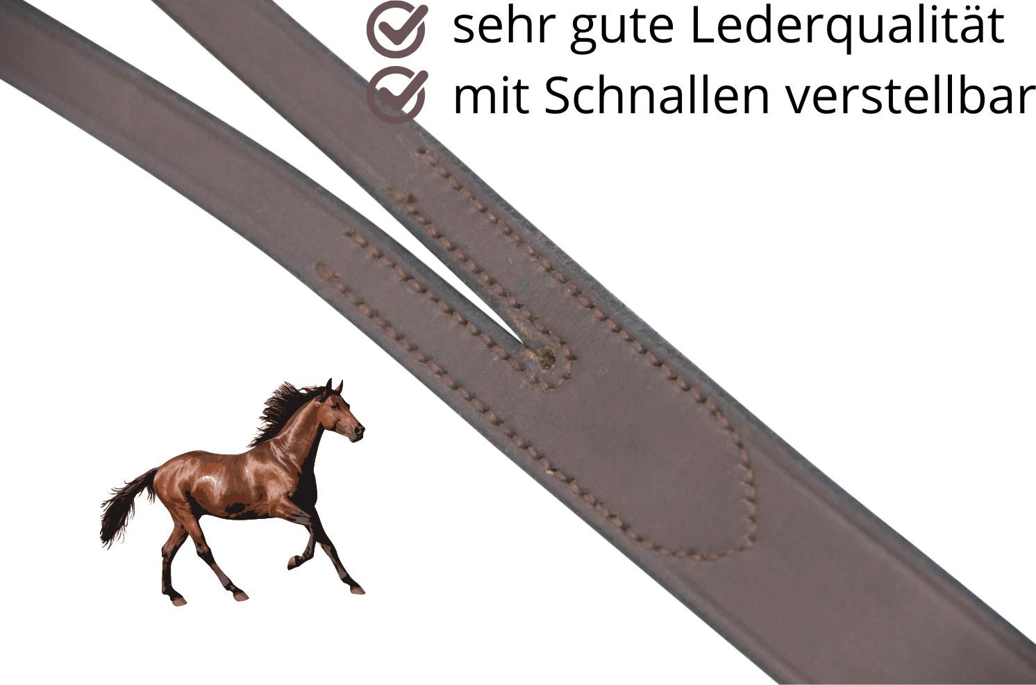 Braune Lederzügel mit Steppnähten. Text: sehr gute Lederqualität, mit Schnallen verstellbar. Kleines Pferd-Symbol.