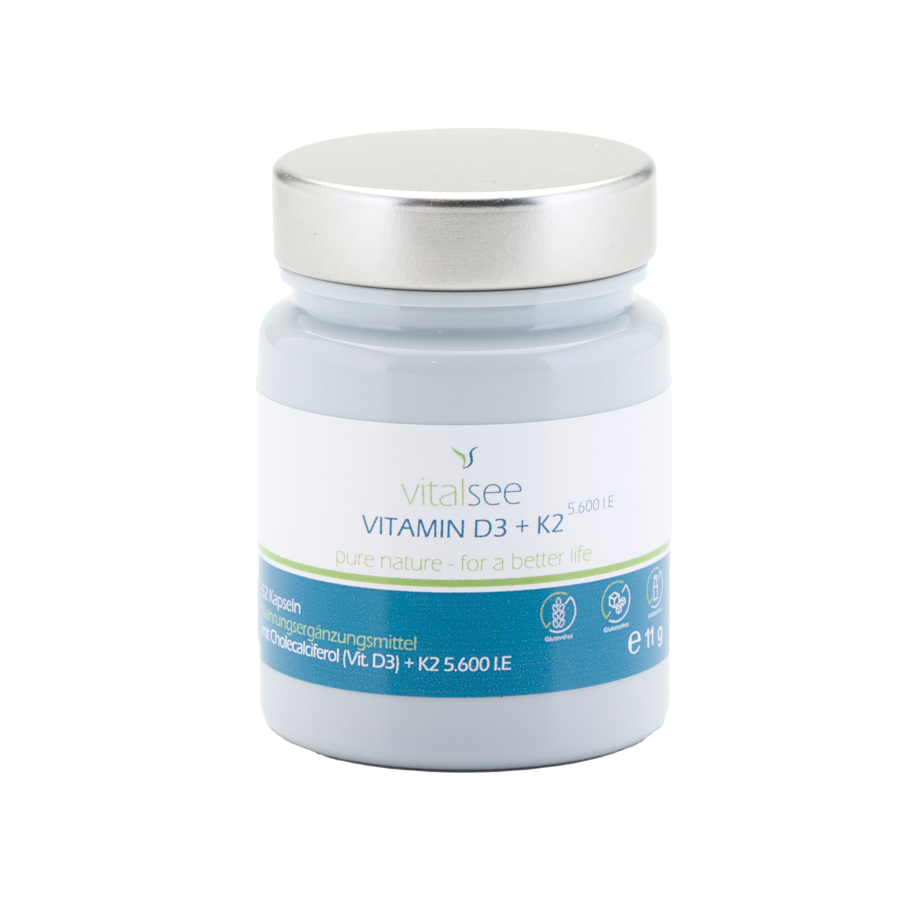 Graue Flasche mit silbernem Deckel. Etikett mit "Vitalsee VITAMIN D3 + K2".