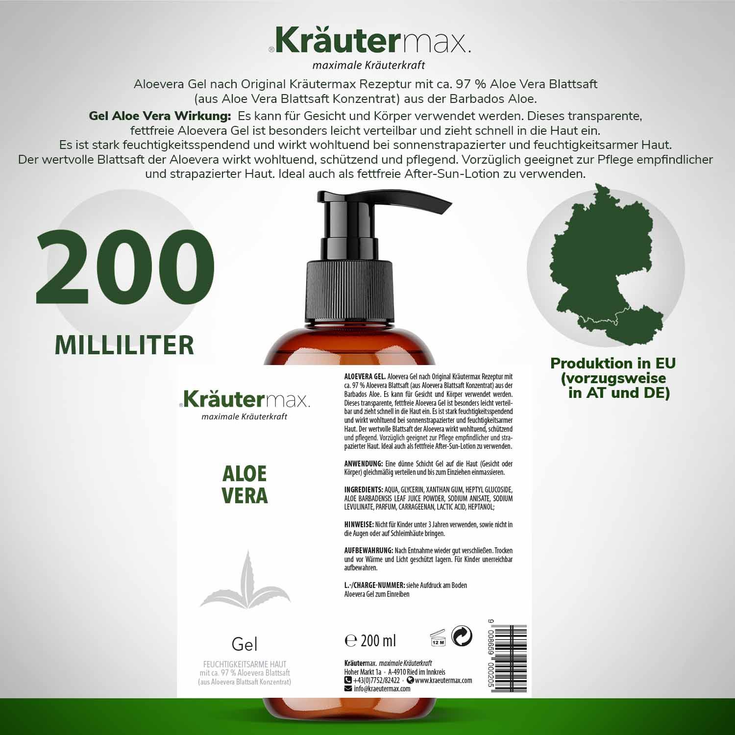 Rückseite der Flasche Kräutermax Aloe Vera Gel mit Produktinformationen und Inhaltsstoffen.