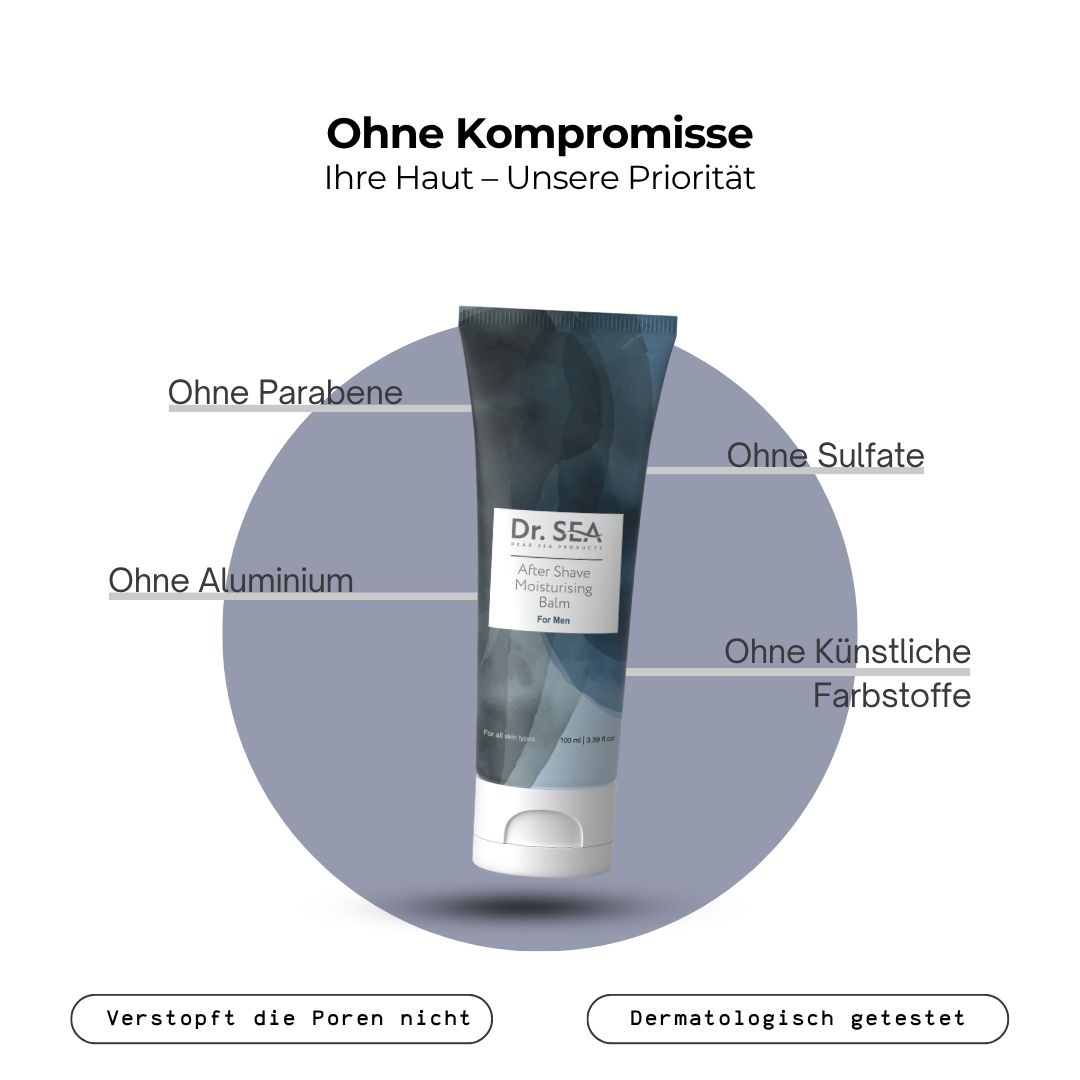 After Shave Moisturising Balm Tube. Text: Ohne Parabene, Sulfate, Aluminium, künstliche Farbstoffe. Dermatologisch getestet.