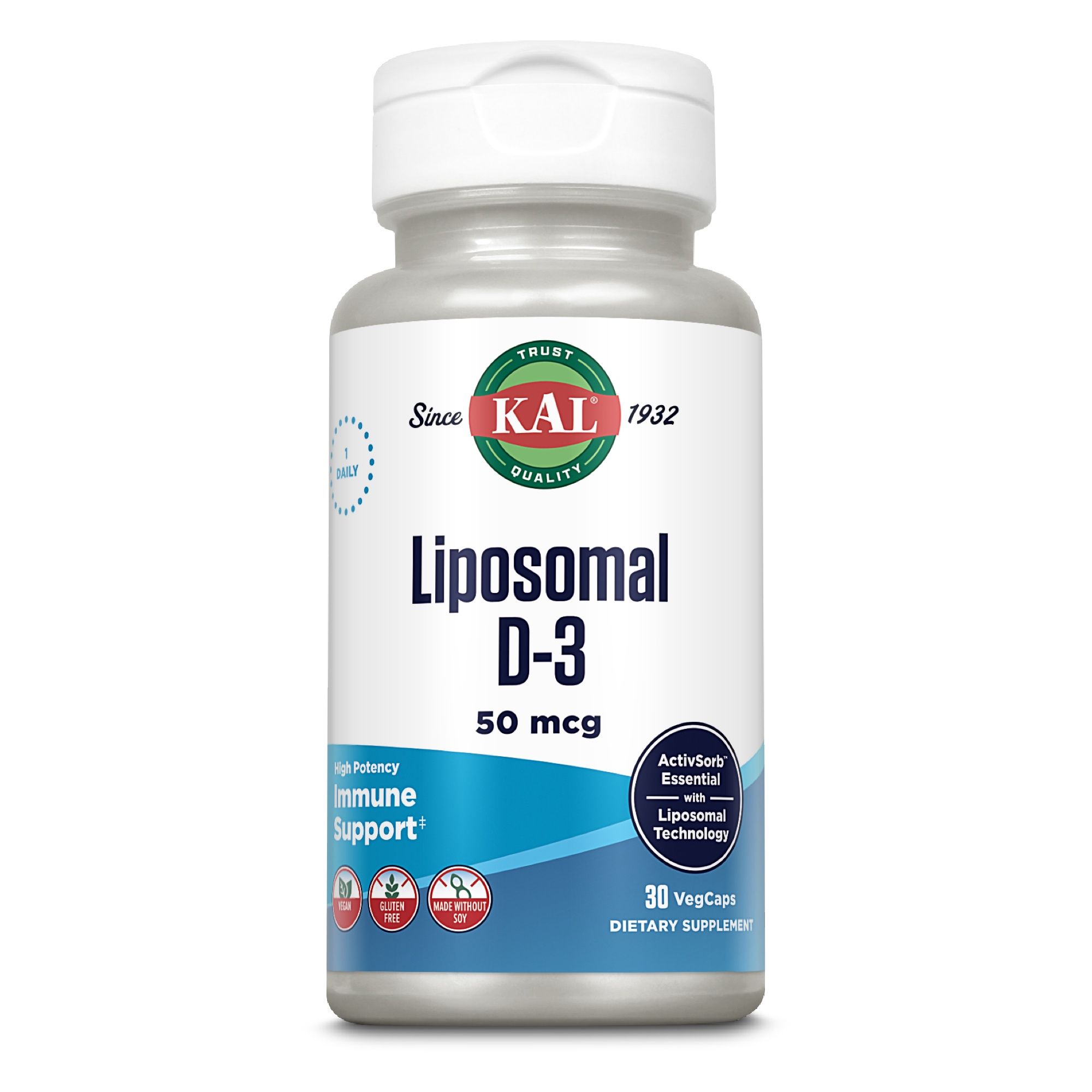 Eine Flasche KAL Liposomales D-3 50 mcg. Auf der Flasche stehen Informationen zu Vitamin D, der liposomale Technologie und 30 VegCaps.