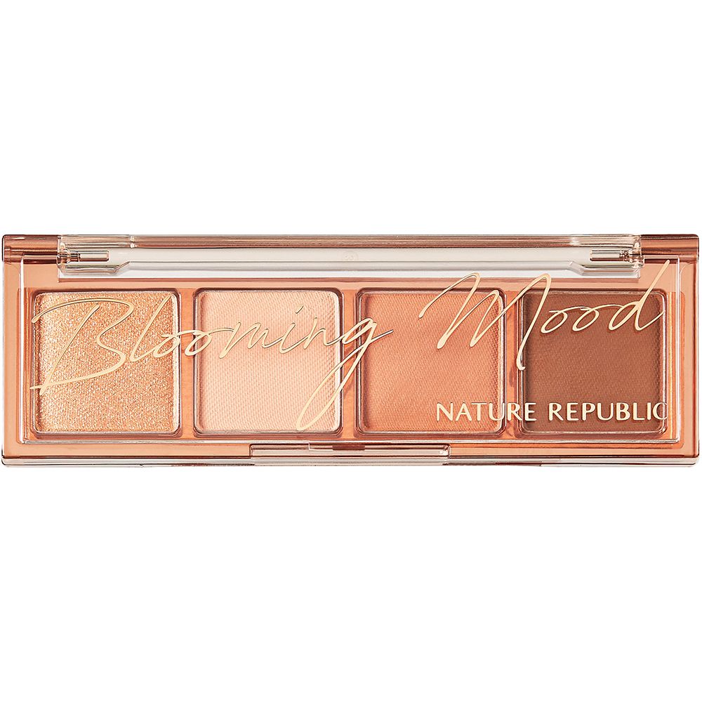 Lidschatten-Palette mit vier Farbtönen in einem transparenten Gehäuse. Aufschrift "Blooming Mood" und "NATURE REPUBLIC".