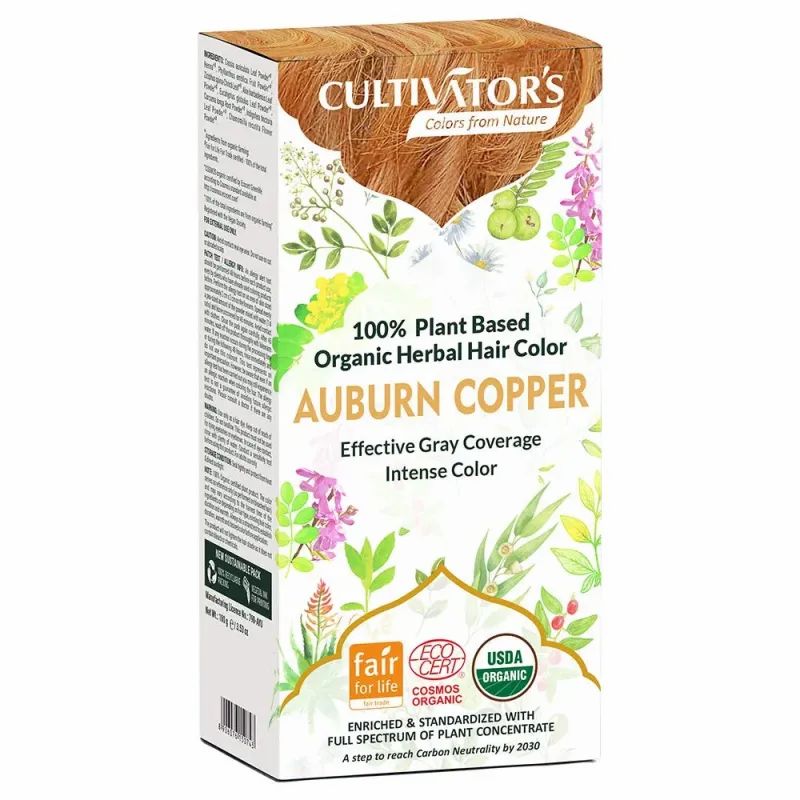 Verpackung von CULTIVATOR'S Pflanzenhaarfarbe. Aufschrift: AUBURN COPPER, 100% pflanzlich, Bio-Kräuter-Haarfarbe. Mit Fair-for-Life, Cosmos Organic und USDA Organic Siegeln.