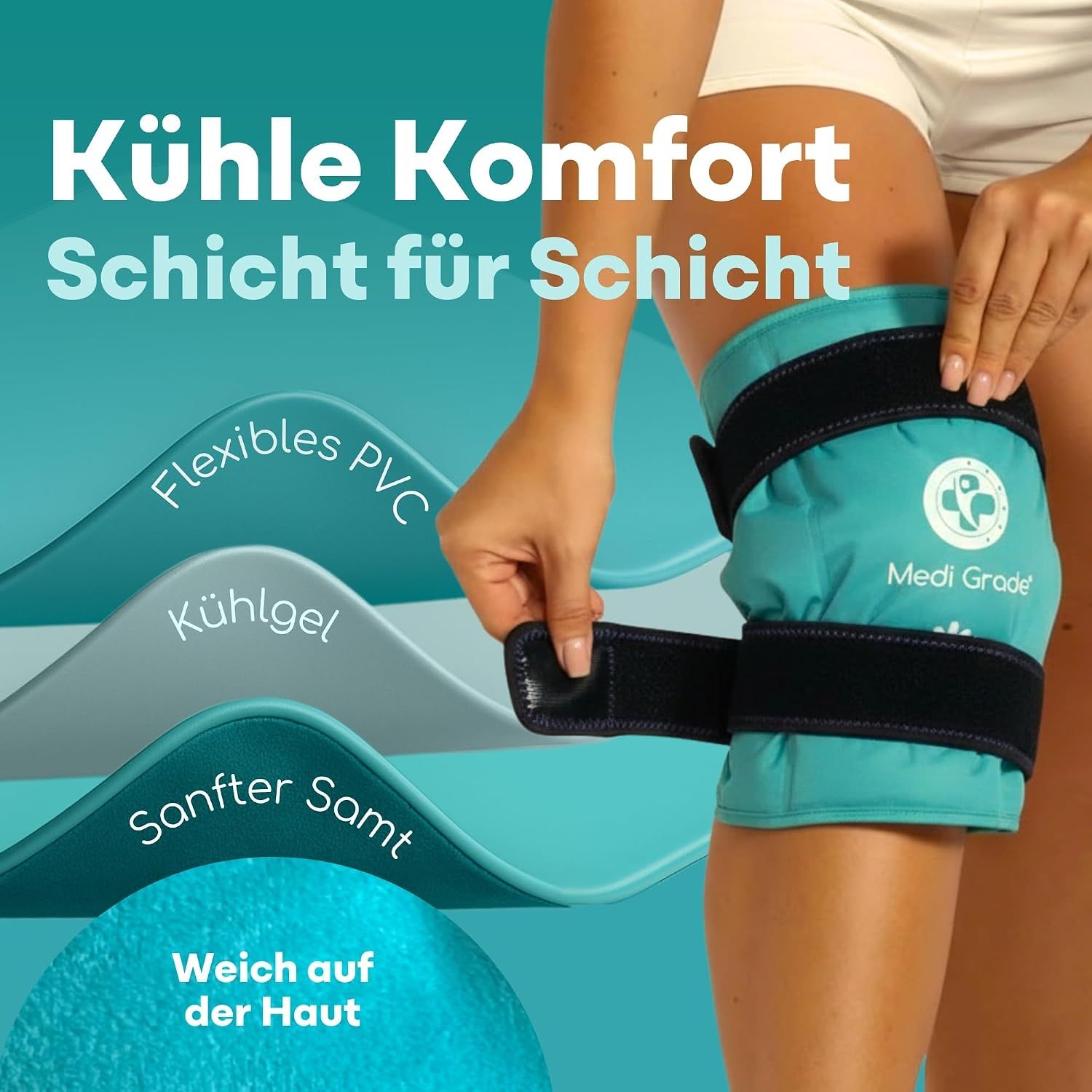 Knie-Kühlpack mit Schichtenaufbau: Flexibles PVC, Kühlgel, sanfter Samt. Weich auf der Haut.