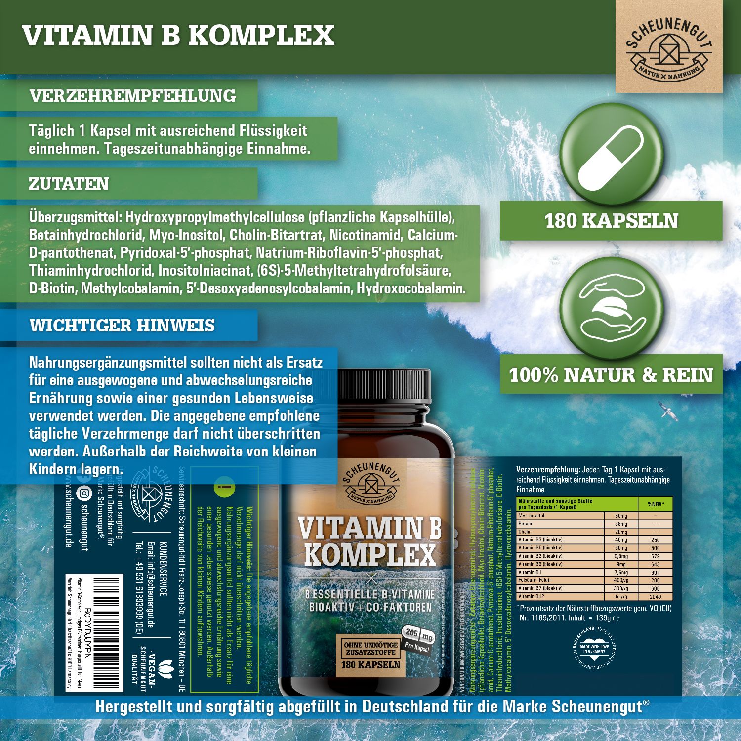 Scheunengut Vitamin B Komplex: Flasche, 180 Kapseln, 100% Natur & Rein. Hergestellt in Deutschland.