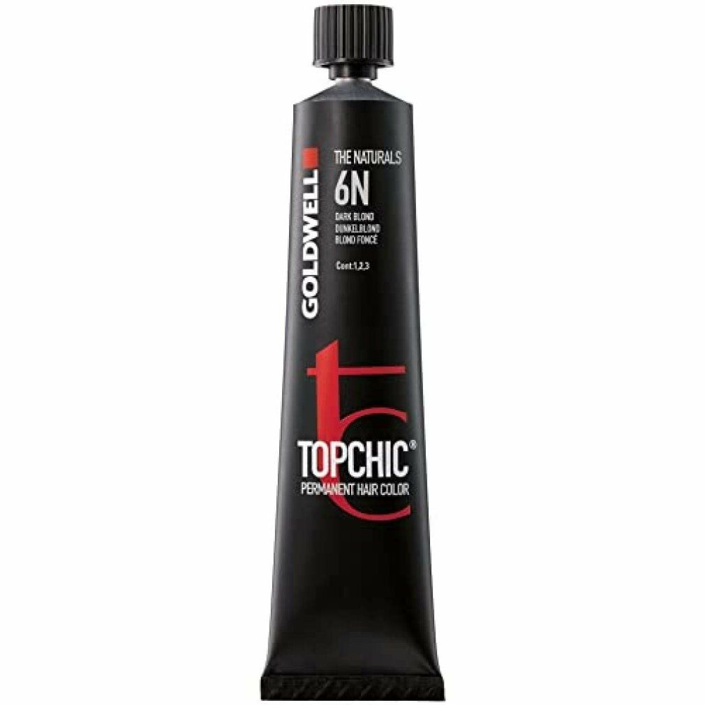 Schwarze Tube mit schwarzem Deckel. Aufschrift: Goldwell Topchic Permanent Hair Color 6N.