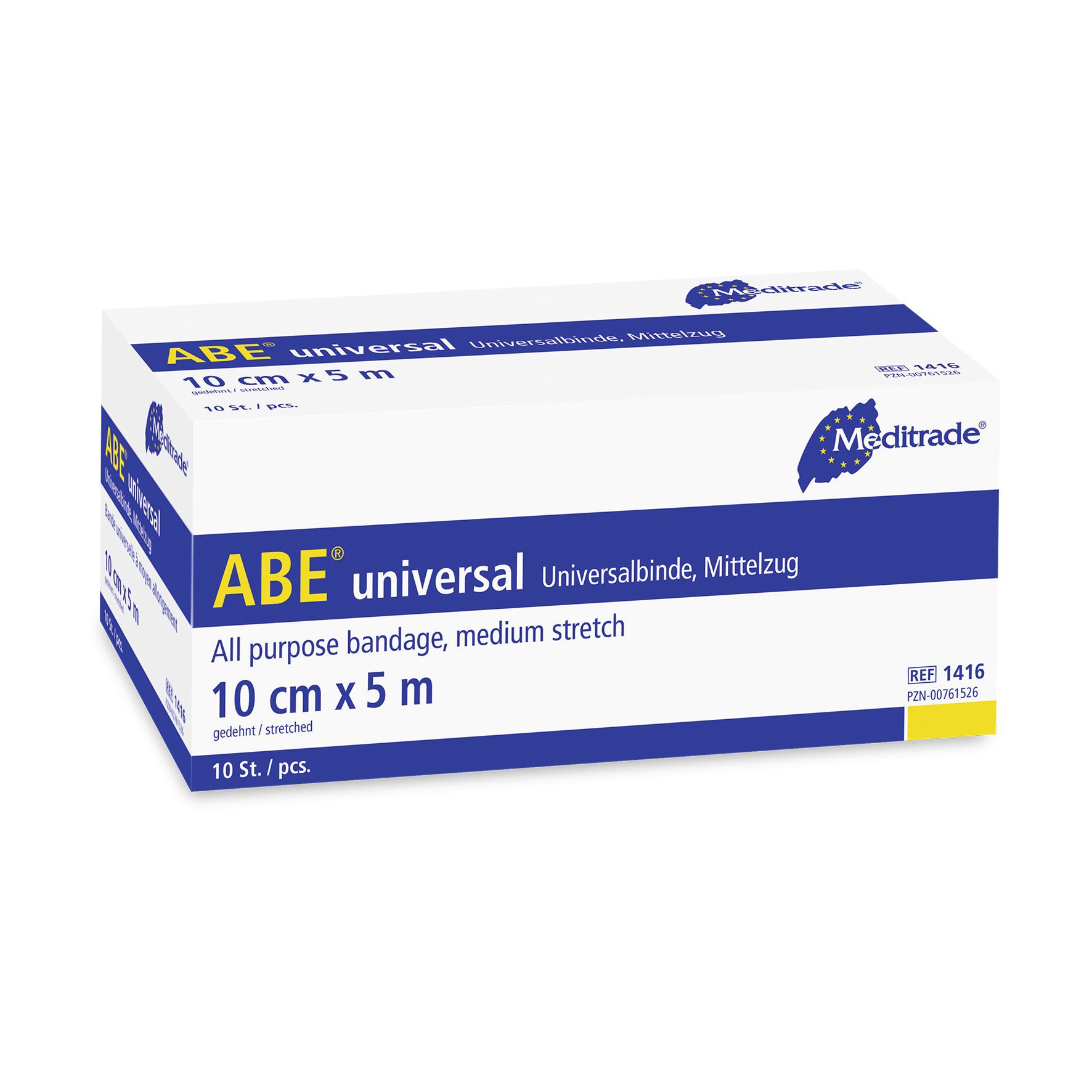 Verpackung von ABE universal Bandagen. Größe 10 cm x 5 m. Enthält 10 Stück. Marke Meditrade.