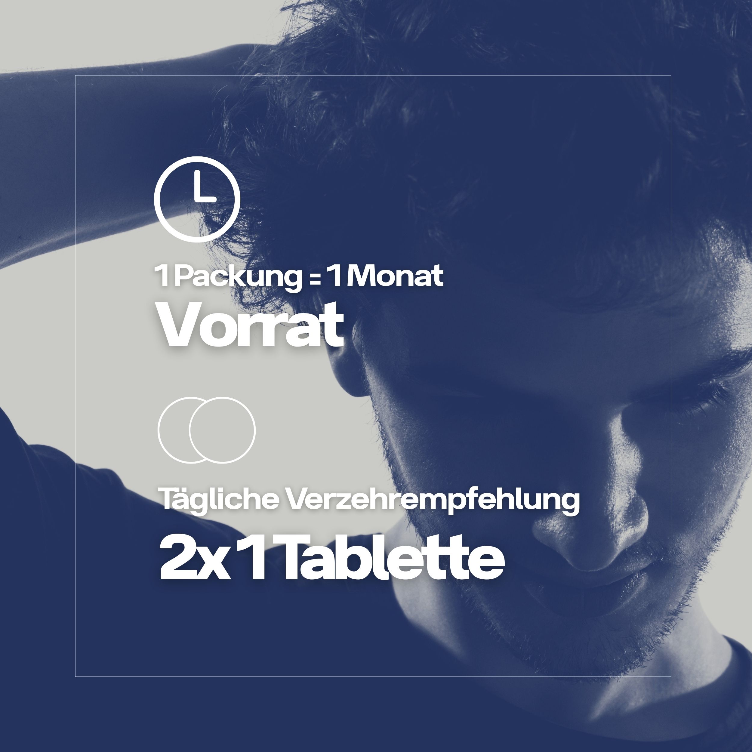 Mann mit Hand am Kopf. Text: 1 Packung = 1 Monat Vorrat. Empfohlene Tagesdosis: 2x1 Tablette.