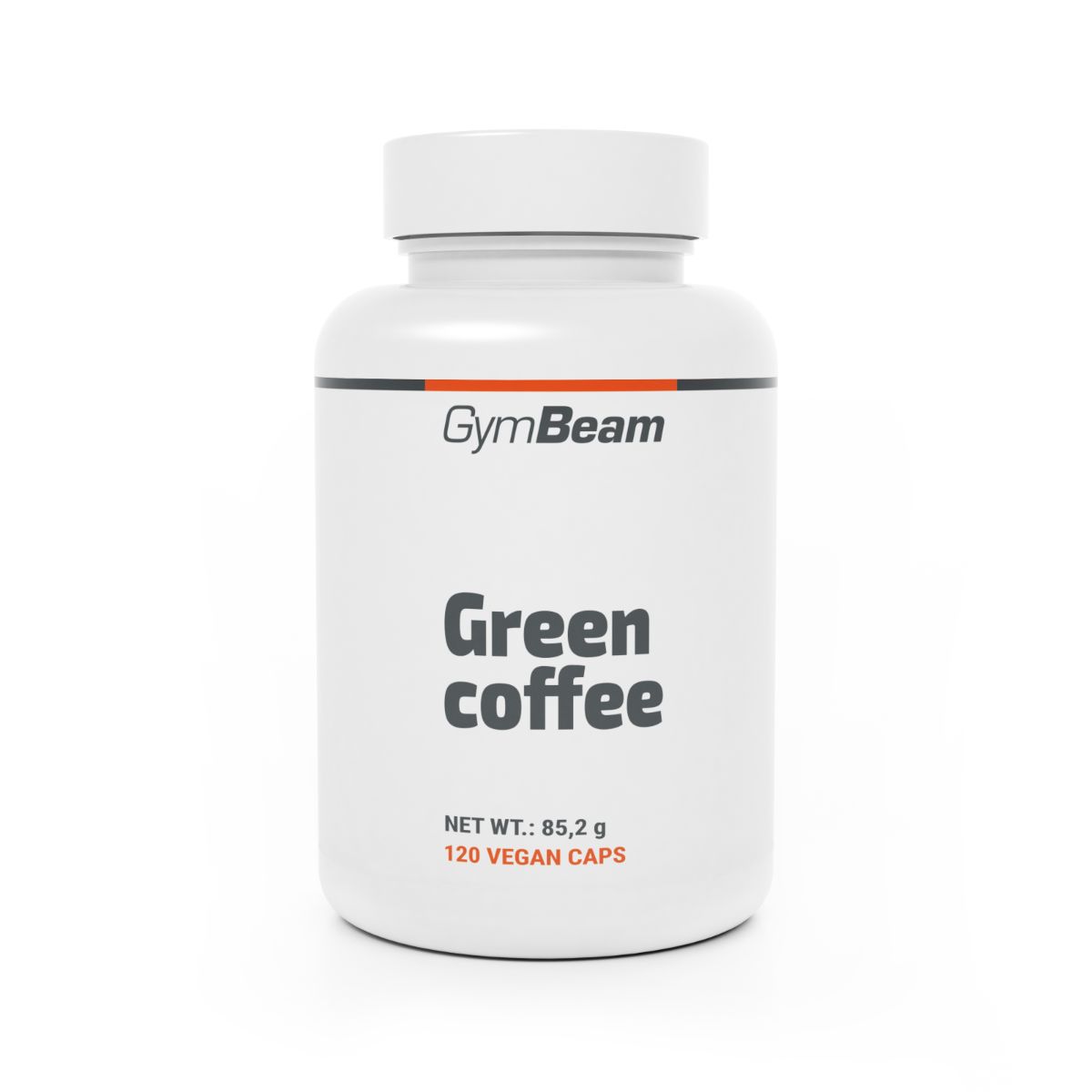 GymBeam Grüner Kaffee Extrakt Kapseln: Weiße Dose mit schwarzem und orangem Etikett. Enthält 120 vegane Kapseln.