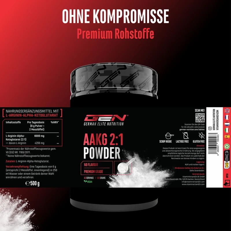 GEN AAKG 2:1 Pulver, 500g. Nahrungsergänzungsmittel mit L-Arginin-Alpha-Ketoglutarat. Laktosefrei, Vegan.