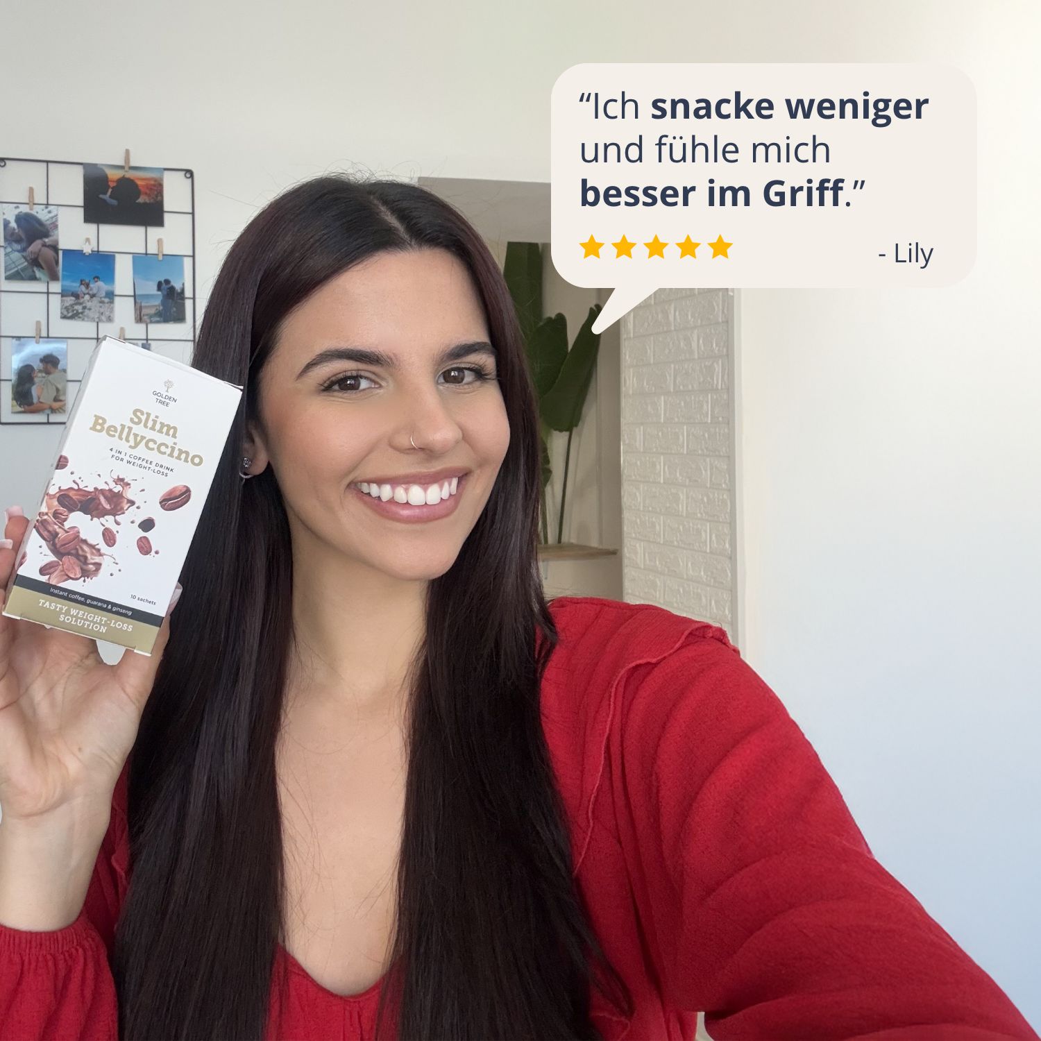 Lächelnde Frau hält Golden Tree SlimBellyccino. Zitat: 'Ich snacke weniger und fühle mich besser im Griff.'