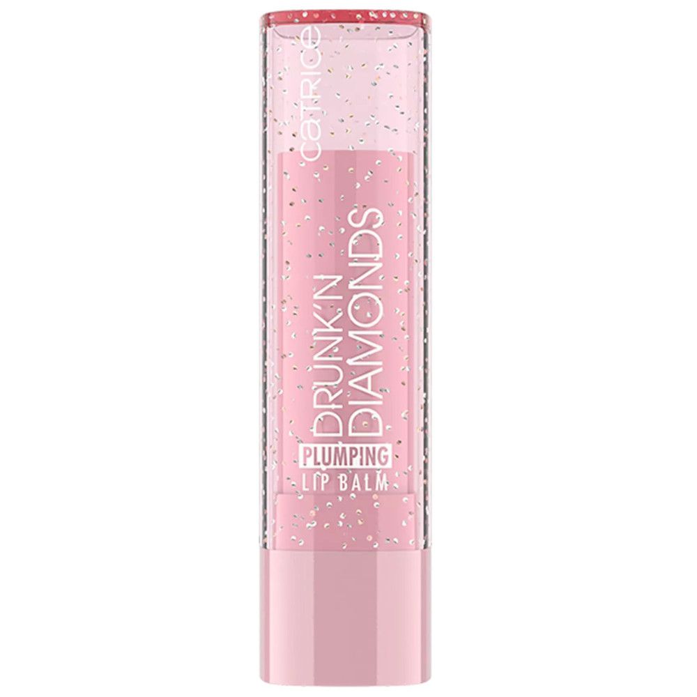 Lippenbalsam in rosa Hülle. Transparent mit Glitzer. Schriftzug: Drunk'n Diamonds, Plumping Lip Balm. Marke: Catrice.
