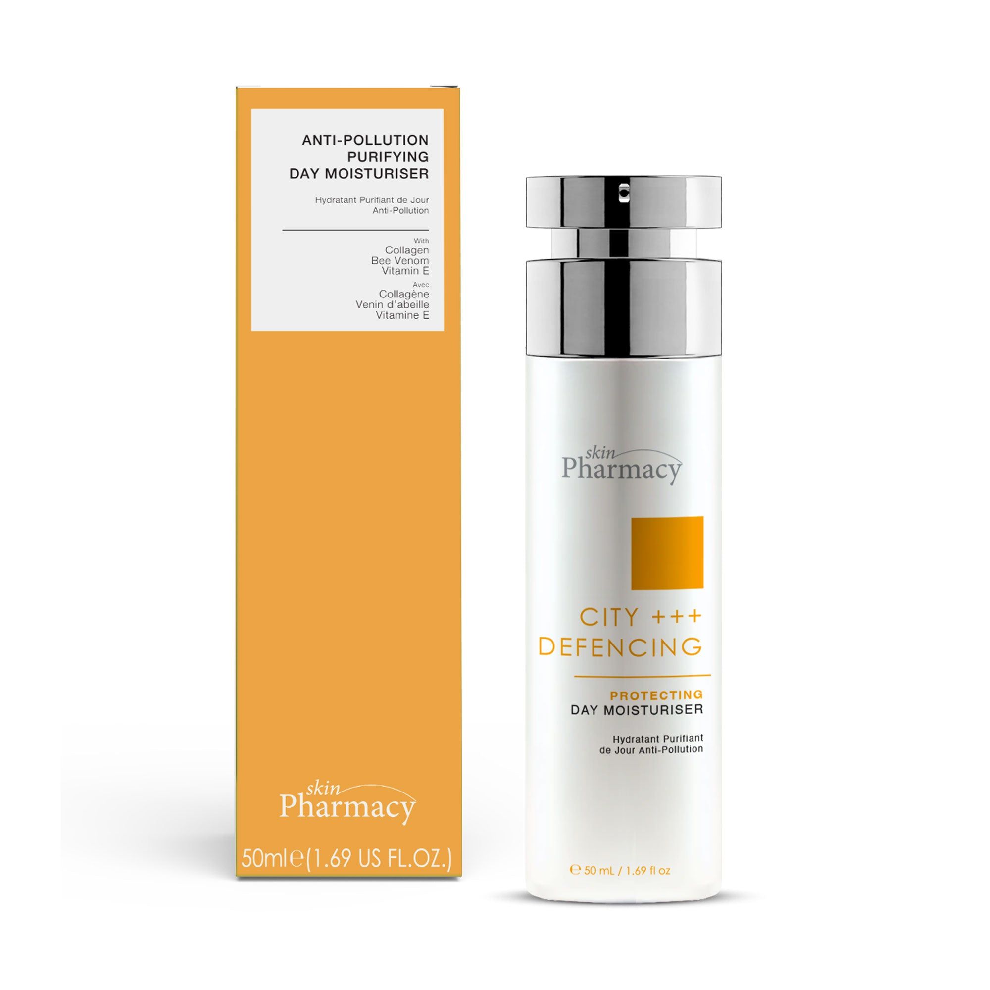 Weiße Flasche mit silbernem Deckel. Enthält Tagescreme. Text: Anti-Pollution, Protecting Day Moisturiser. Markenlogo und Produktbezeichnung.