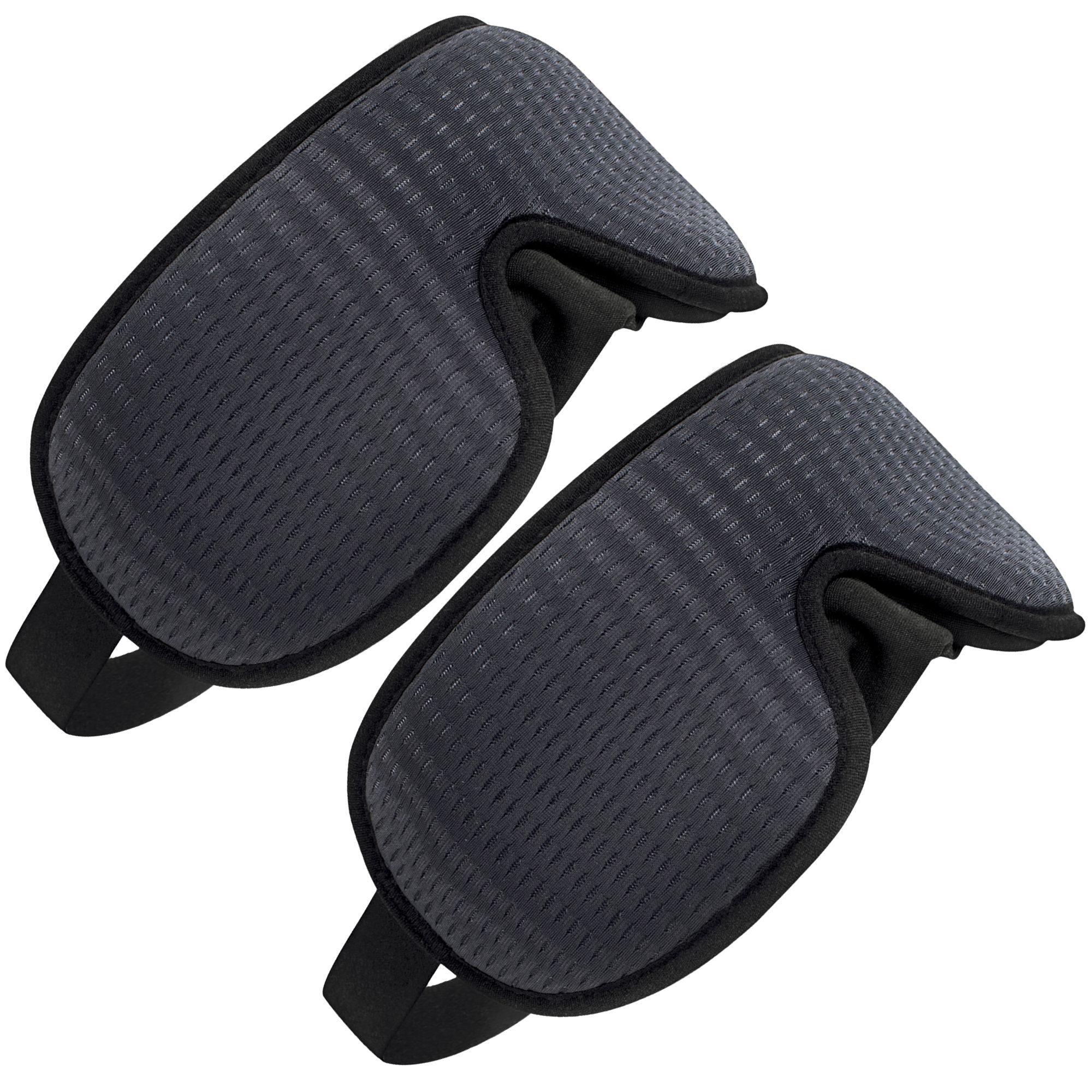 Zwei graue Schlafmasken. Blick von oben. Textur des Stoffes sichtbar.