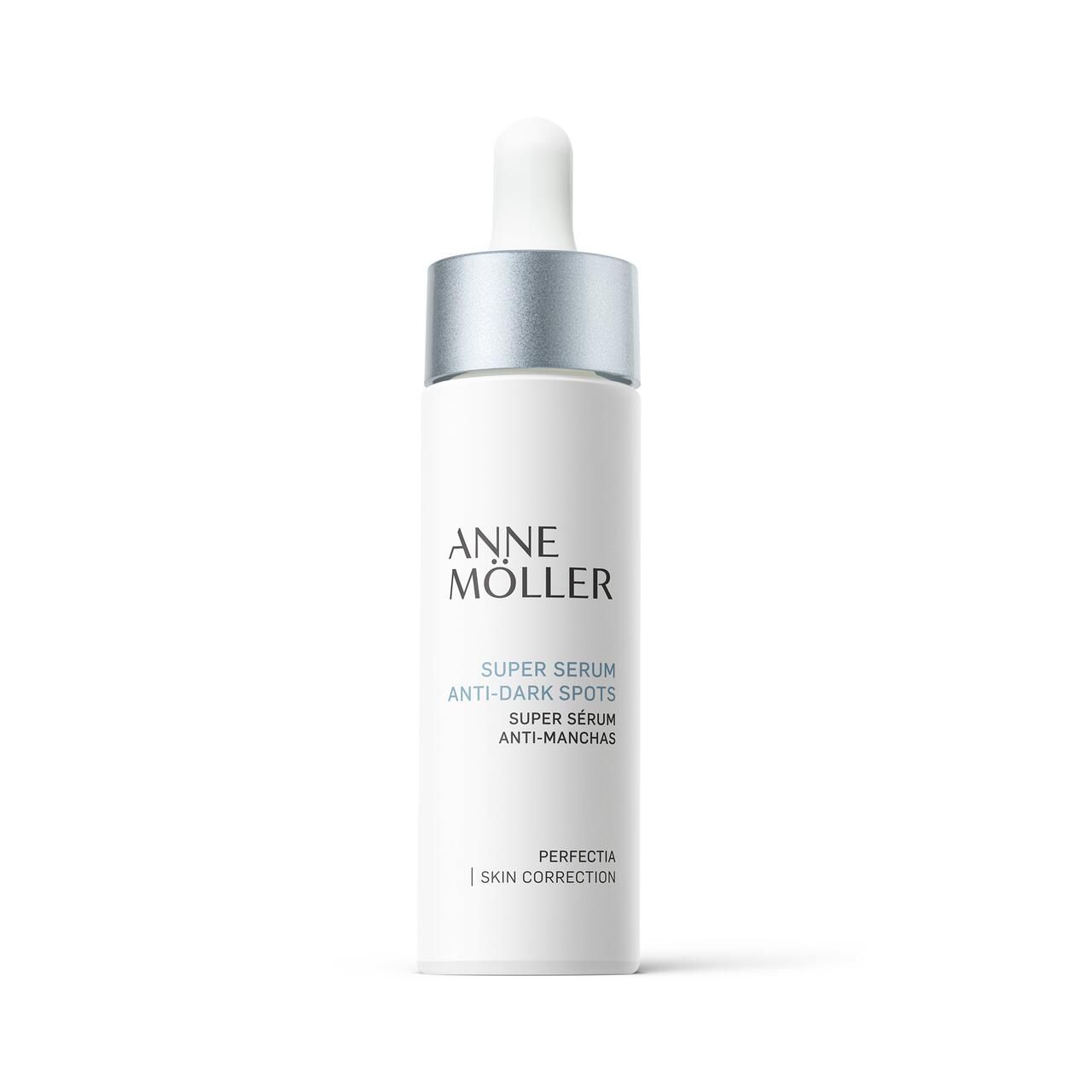 Weiße Serumflasche mit silbernem Deckel und Pipette. Beschriftung: Anne Möller, Super Serum Anti-Dark Spots, Perfectica Skin Correction.