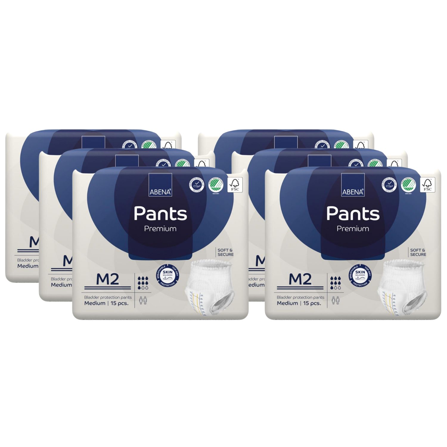Mehrere Packungen Abena Pants Premium M2. Verpackung mit Produktabbildung, Logo, und Zertifizierungen. Medium, 15 Stück.