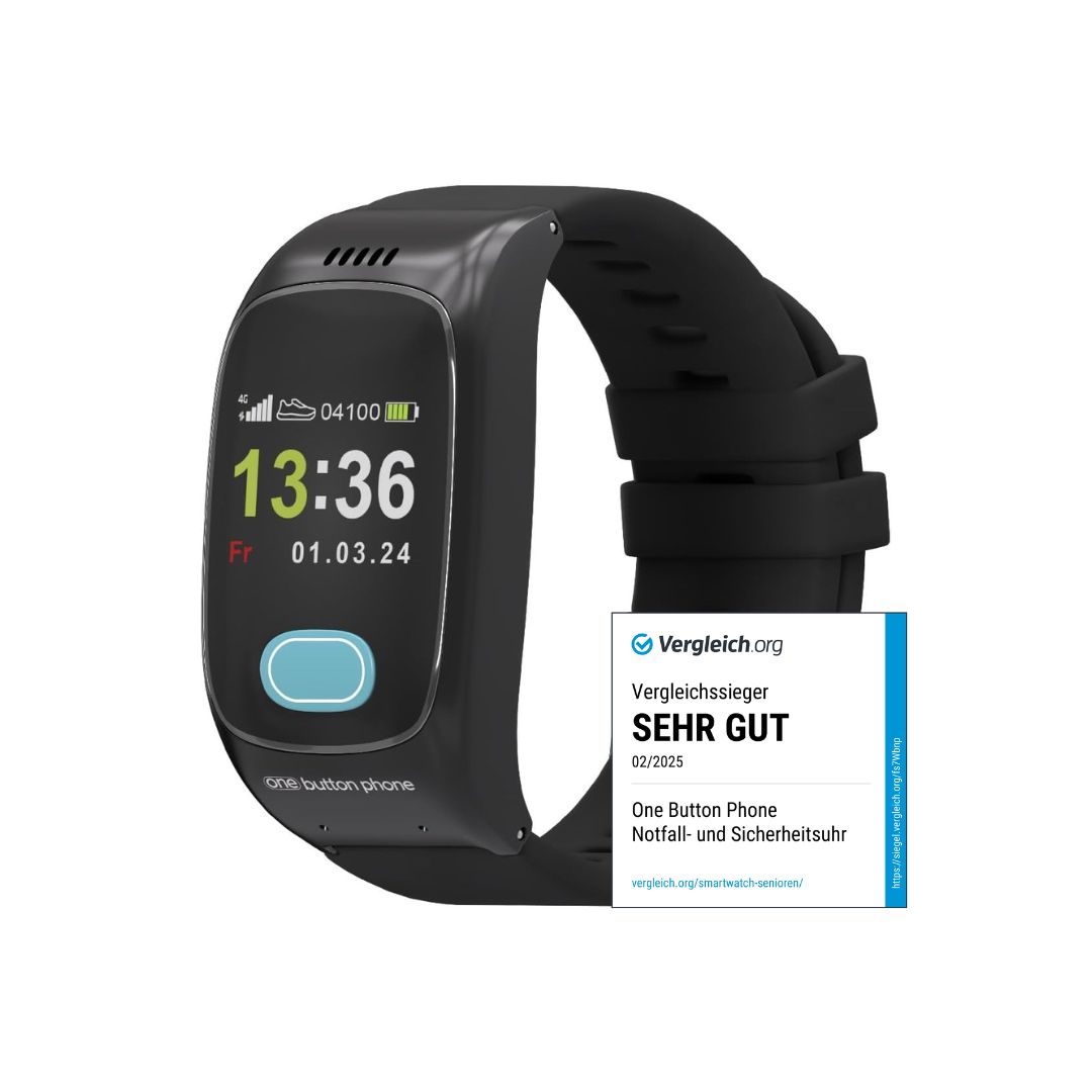 Schwarze Smartwatch mit Display. Zeigt Uhrzeit und Datum. Auf dem Armband ist ein Aufkleber mit dem Text "Vergleichssieger".