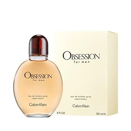 Runder Flakon mit braunem Deckel und Karton. Aufschrift: Obsession for men, Calvin Klein. 125 ml.