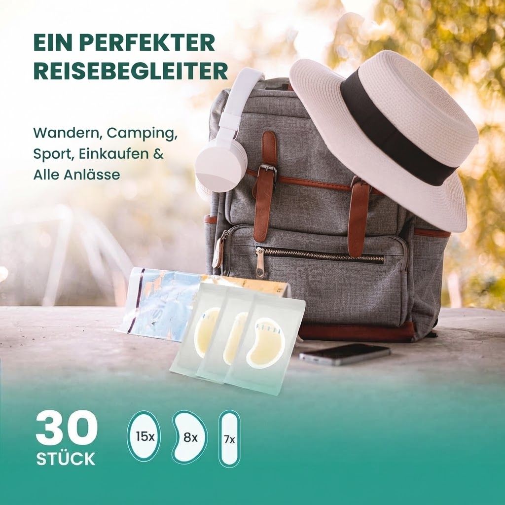 Ein Rucksack mit Hut und Kopfhörern, daneben drei Päckchen mit Fußpflastern in verschiedenen Formen.