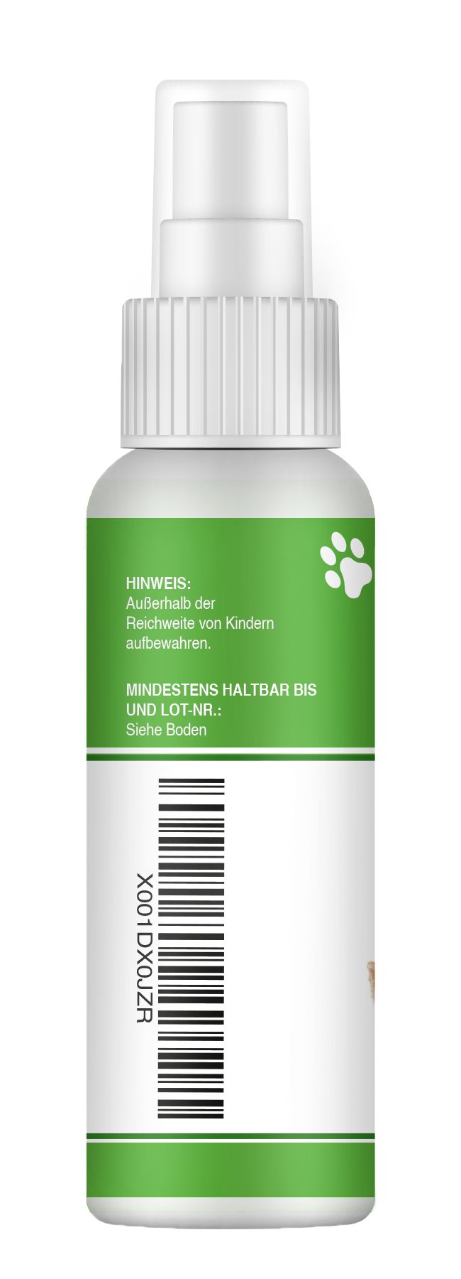 Rückseite des Sprays. Text: Hinweis, Mindestens haltbar bis. Barcode. Pfoten-Symbol.