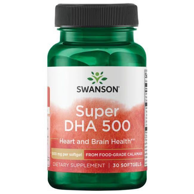 Grüne Flasche mit schwarzem Deckel. Aufschrift: SWANSON Super DHA 500. 30 Softgels. Aus Calamari. Nahrungsergänzungsmittel.